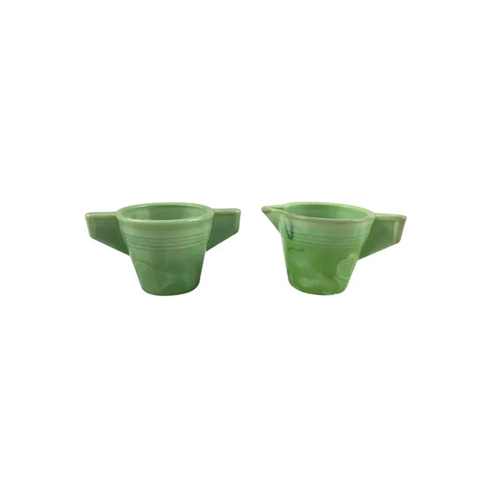 Jade Toy Tea Set Creamer Sugar Bowl Chiquita Green Glass 1930s J. Pressman